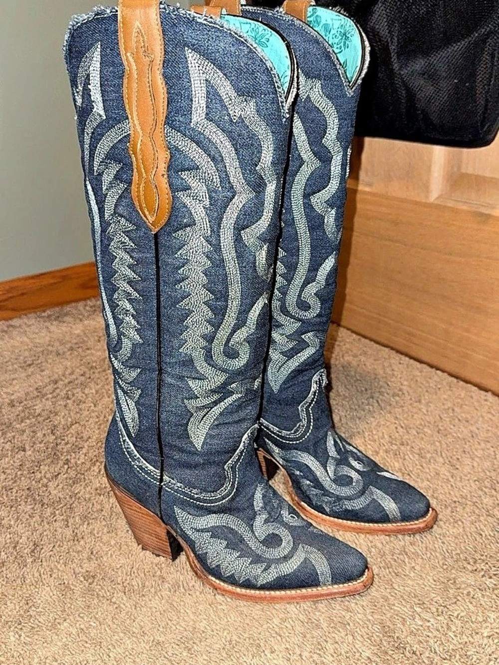 Corral White Embroidery Denim Tall Pointed Toe Cowgirl Boots Z5226 Embroidered